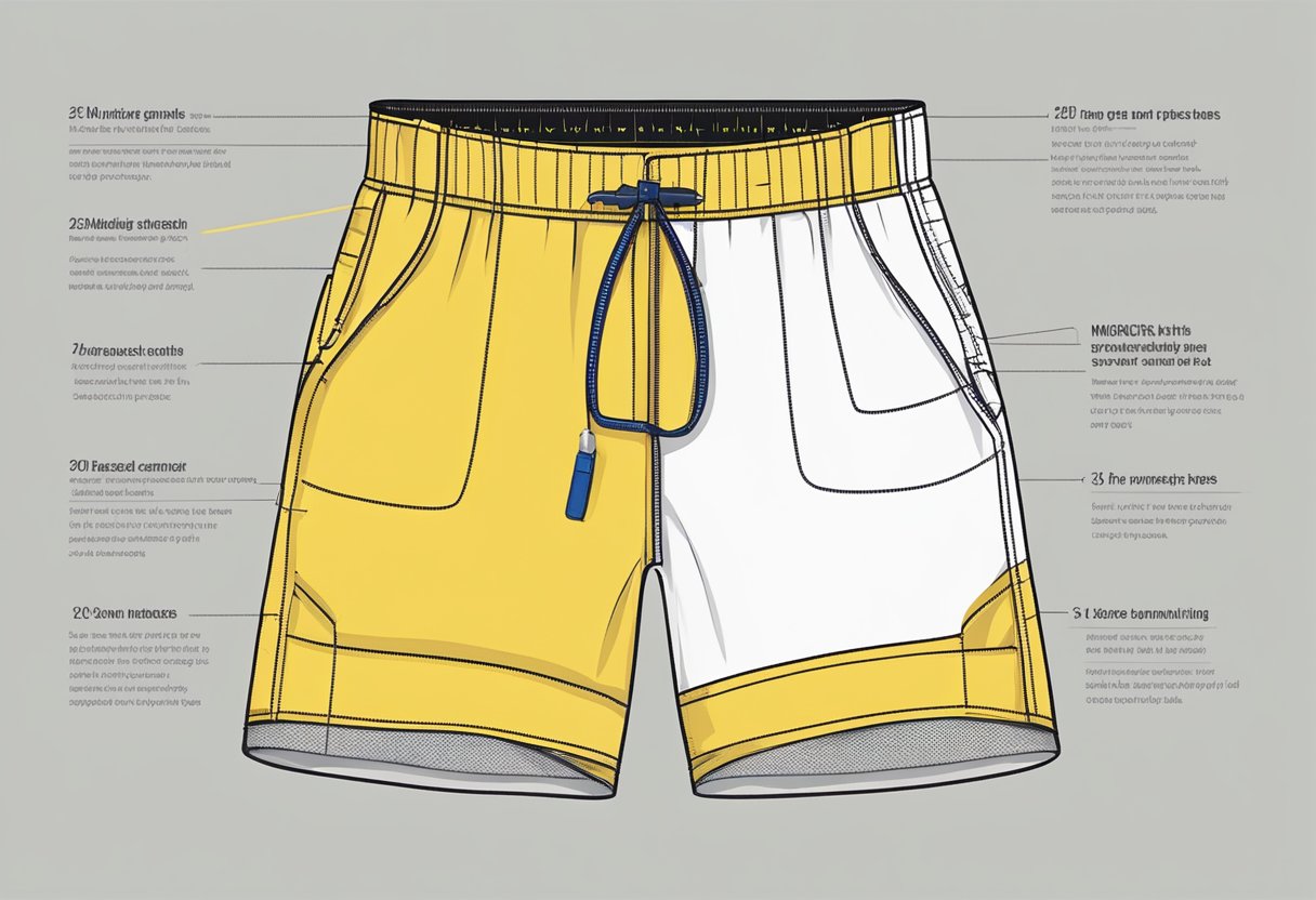 A tape measure wraps around a pair of running shorts, measuring the waist and inseam. A sizing chart is nearby for reference