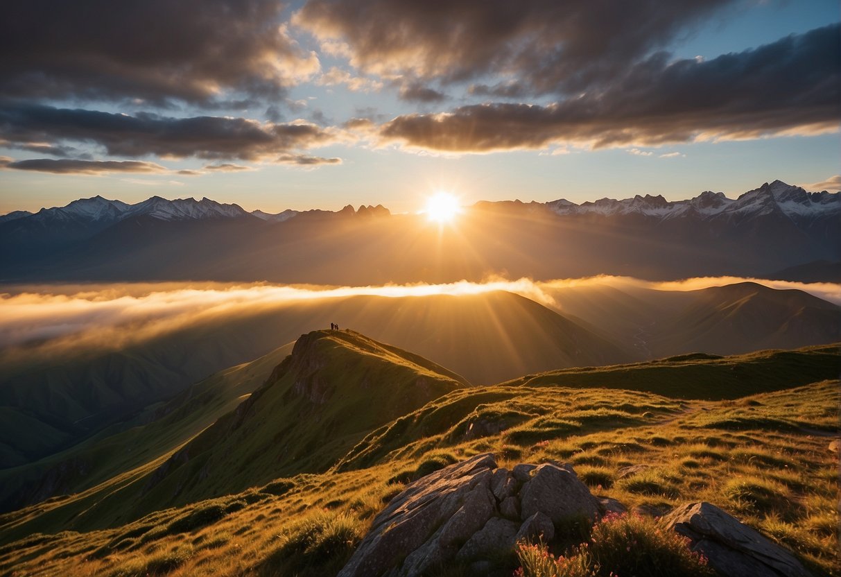 A vibrant sunrise over a mountain peak, with rays of light breaking through the clouds, illuminating the landscape below