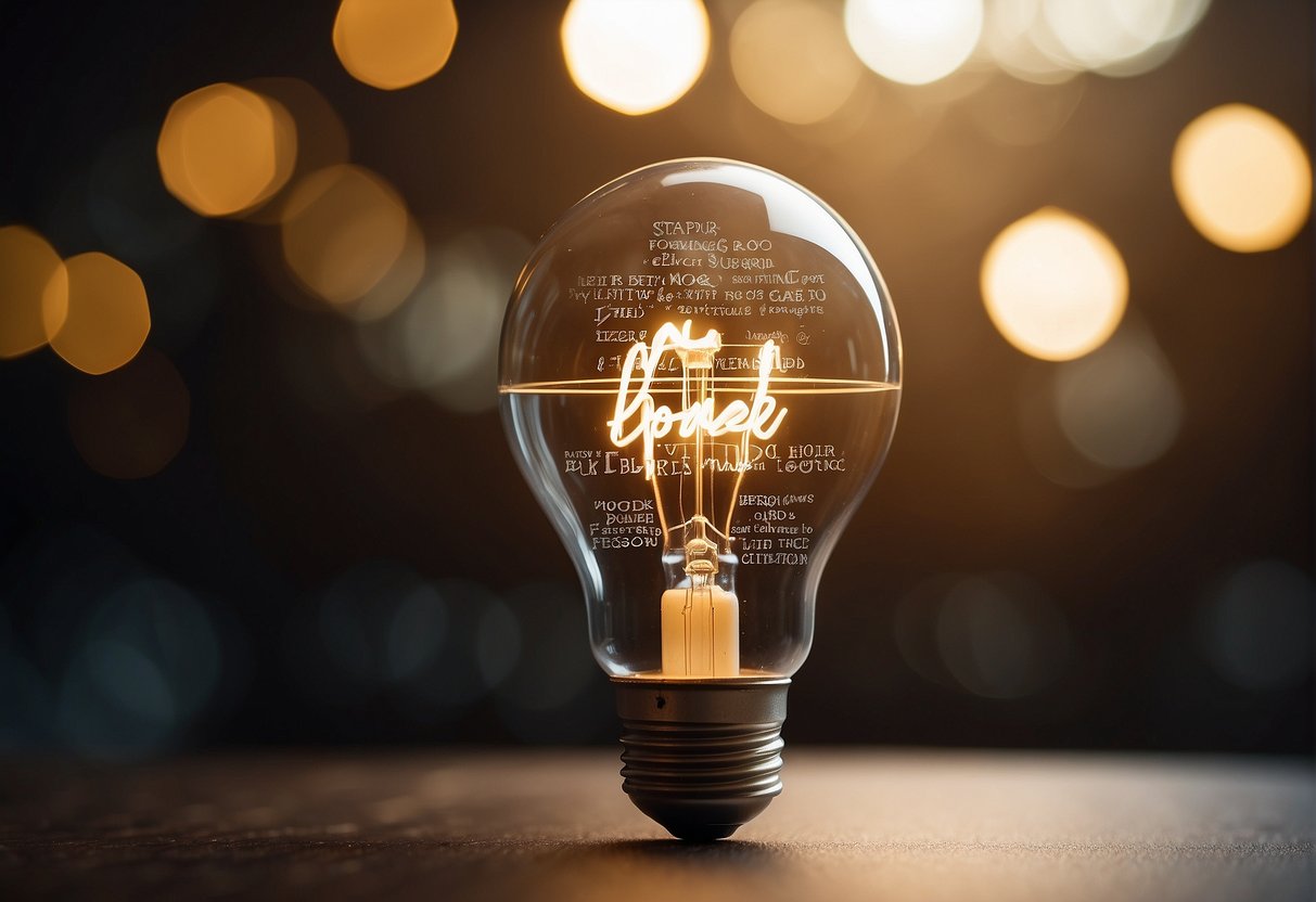A glowing light bulb surrounded by floating motivational quotes