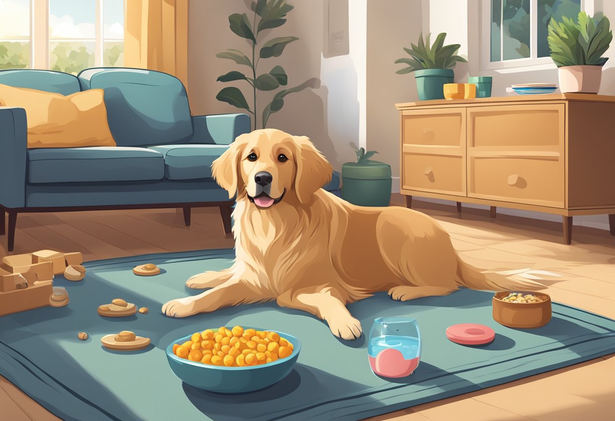 A cozy living room with a plush dog bed, toys scattered on the floor, and a bowl of water and food ready for a golden retriever puppy