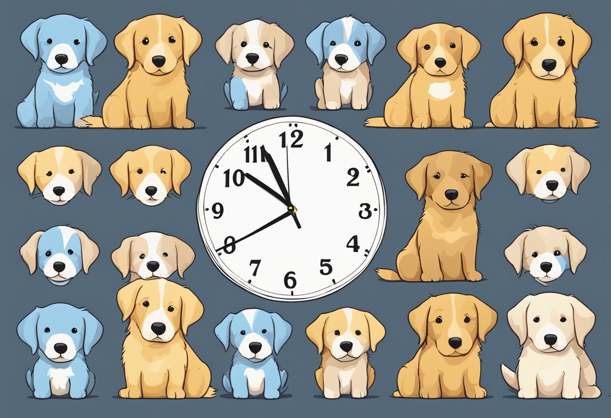 A clock showing various times of day with a golden retriever puppy next to each one, indicating the best time to bring one home