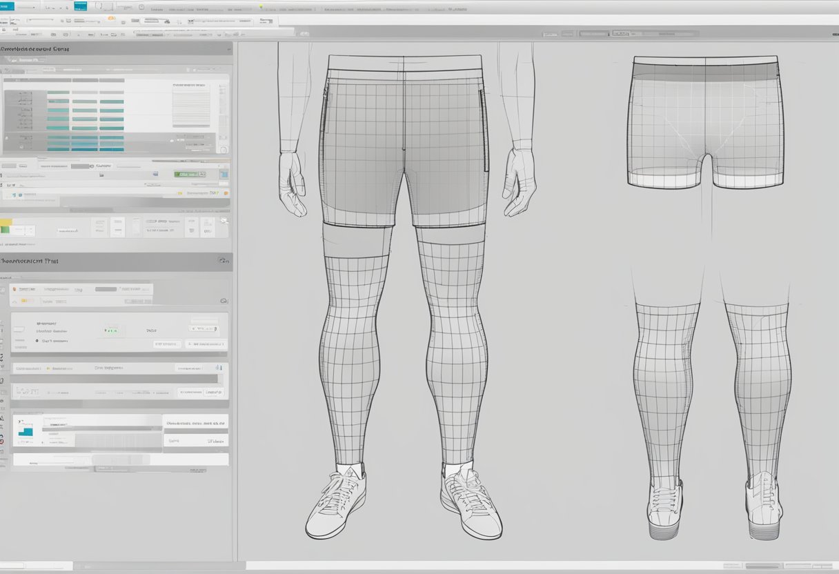 A computer screen displaying an online fitting tool for running shorts, with various measurement options and a virtual model wearing the shorts for reference