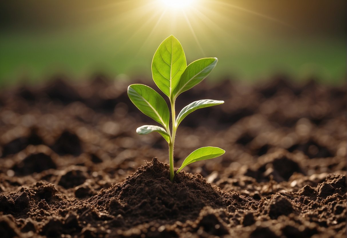 A sprout breaking through the soil, reaching towards the sunlight with the words "personal growth" and "motivation" written on its leaves