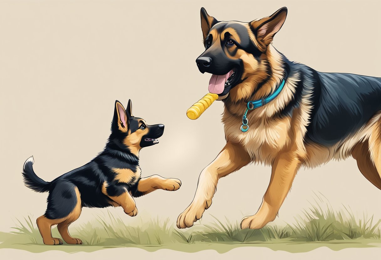 A German Shepherd puppy playing with a chew toy, while an adult Shepherd stands proudly by, showcasing its alert and confident demeanor