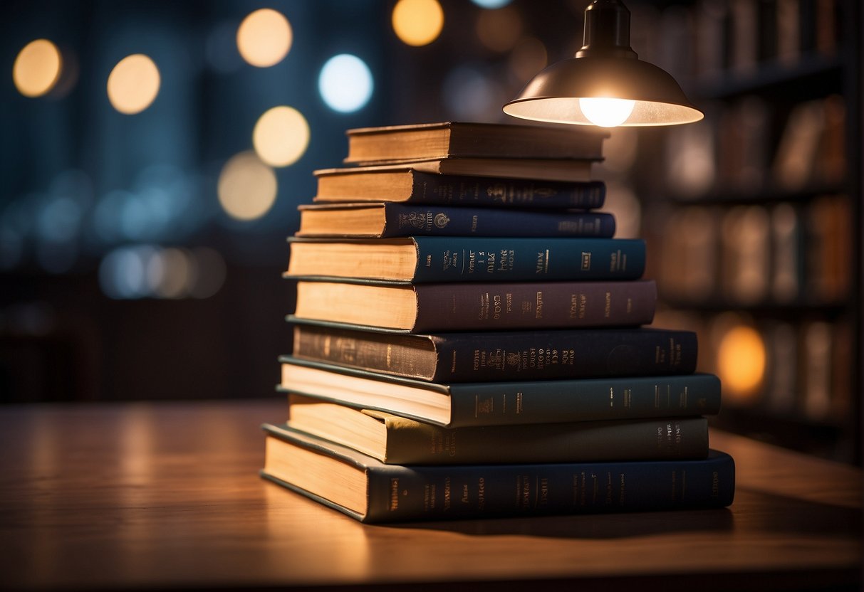 A stack of books with a spotlight shining on them, surrounded by motivational quotes and resources