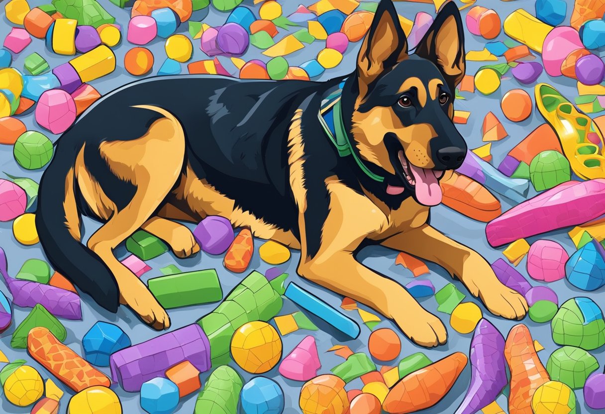 A German Shepherd puppy plays with a chew toy, surrounded by scattered toys and a chewed-up shoe