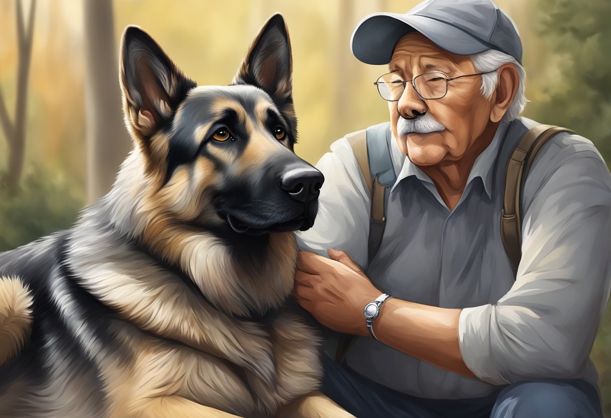 A gray-muzzled German Shepherd lays beside a senior owner, their bond evident in the dog's watchful eyes and the owner's gentle touch