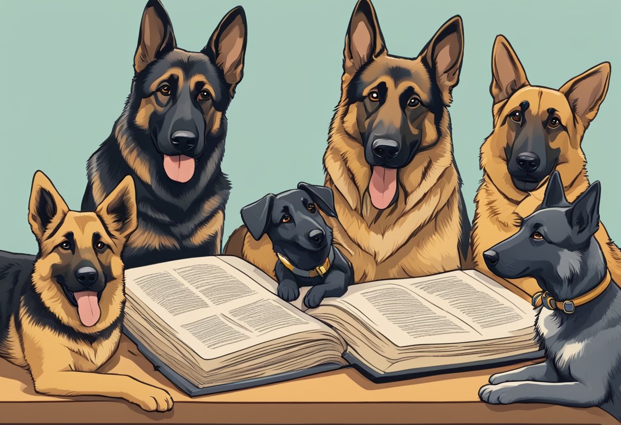 A group of German Shepherds of various ages and sizes gather around a table covered with books and resources. A playful puppy tugs at the edge of a book titled "What to Expect When Owning a German Shepherd: From Puppyhood to Ad