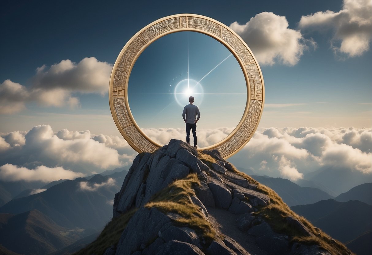 A figure standing on a mountain peak, surrounded by clouds. They hold a mirror reflecting their own critical thoughts, while a beam of light shines down from above, symbolizing understanding and self-reflection