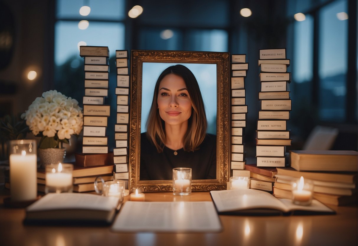 A person surrounded by positive affirmations, books on growth mindset, and a mirror reflecting self-compassion