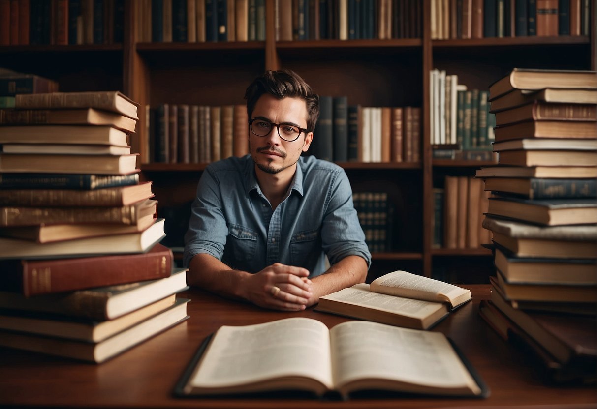A person reflecting on self-improvement, surrounded by books and a journal, with a thoughtful expression