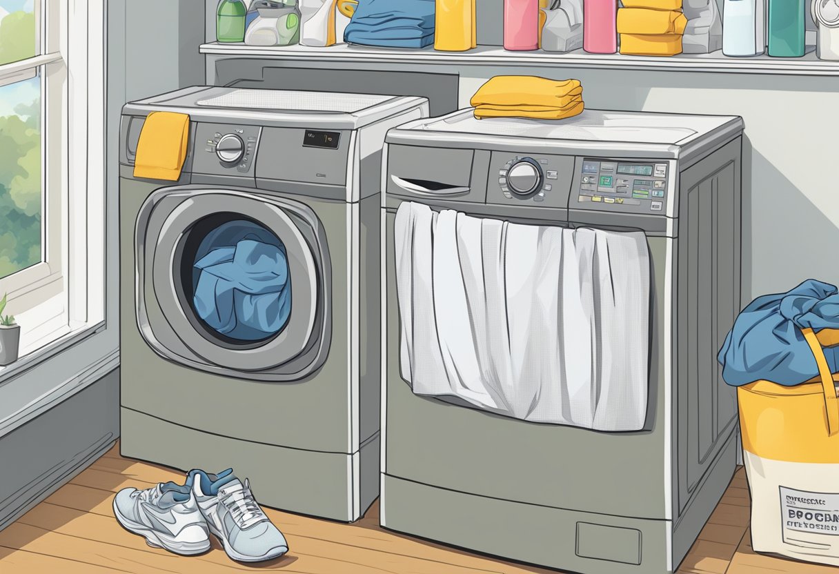 A pair of running shorts is laid out on a flat surface, with a bottle of detergent and a washing machine in the background. The care instructions tag is visible, emphasizing the importance of proper maintenance