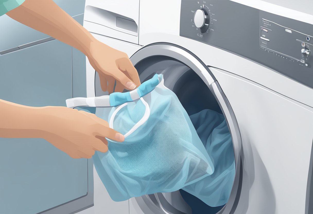 A hand places running shorts in a mesh laundry bag. The bag is then placed in the washing machine with cold water and mild detergent. After washing, the shorts are hung to air dry