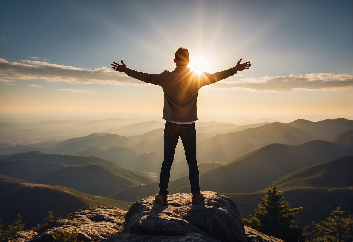 A figure standing atop a mountain, with arms outstretched, overlooking a vast landscape. A shining sun illuminates the scene, symbolizing the power and vision of true leadership