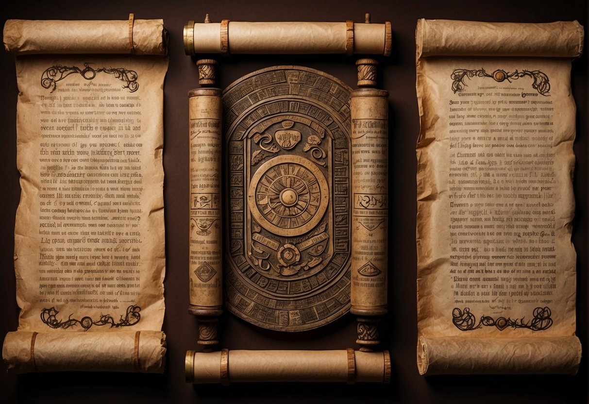 A group of ancient scrolls with quotes on leadership, surrounded by artifacts and symbols of power and wisdom