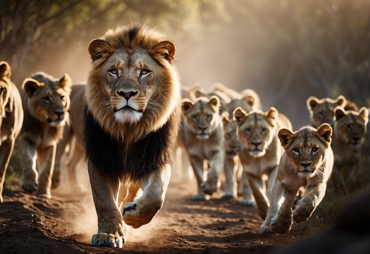 A lion leading a pack of animals, exuding confidence and strength. A quote about true leadership displayed prominently in the background