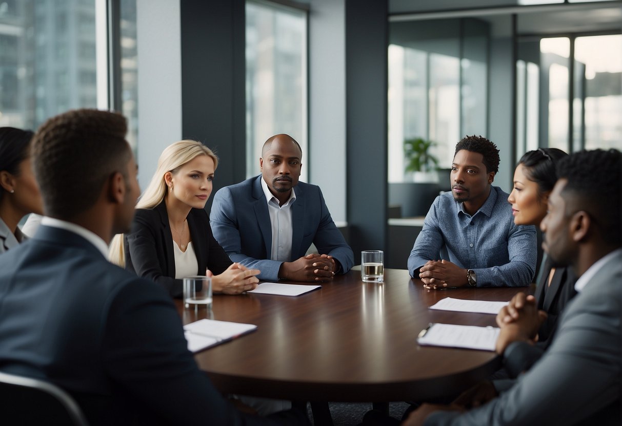 A group of diverse individuals gathered around a table, engaged in deep conversation. A leader stands at the head, listening and guiding the discussion