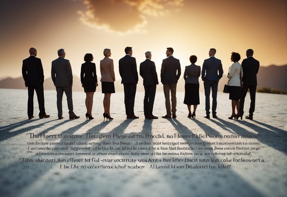 A group of diverse individuals stand together, surrounded by quotes about true leadership. The pathways to leadership development are depicted through the powerful and inspiring words