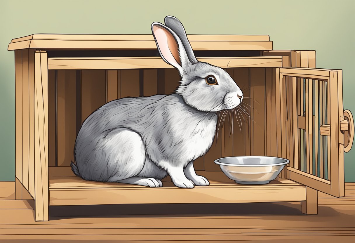 A rabbit sits in its hutch, with a drooping posture and disinterest in its food. Empty food bowl nearby