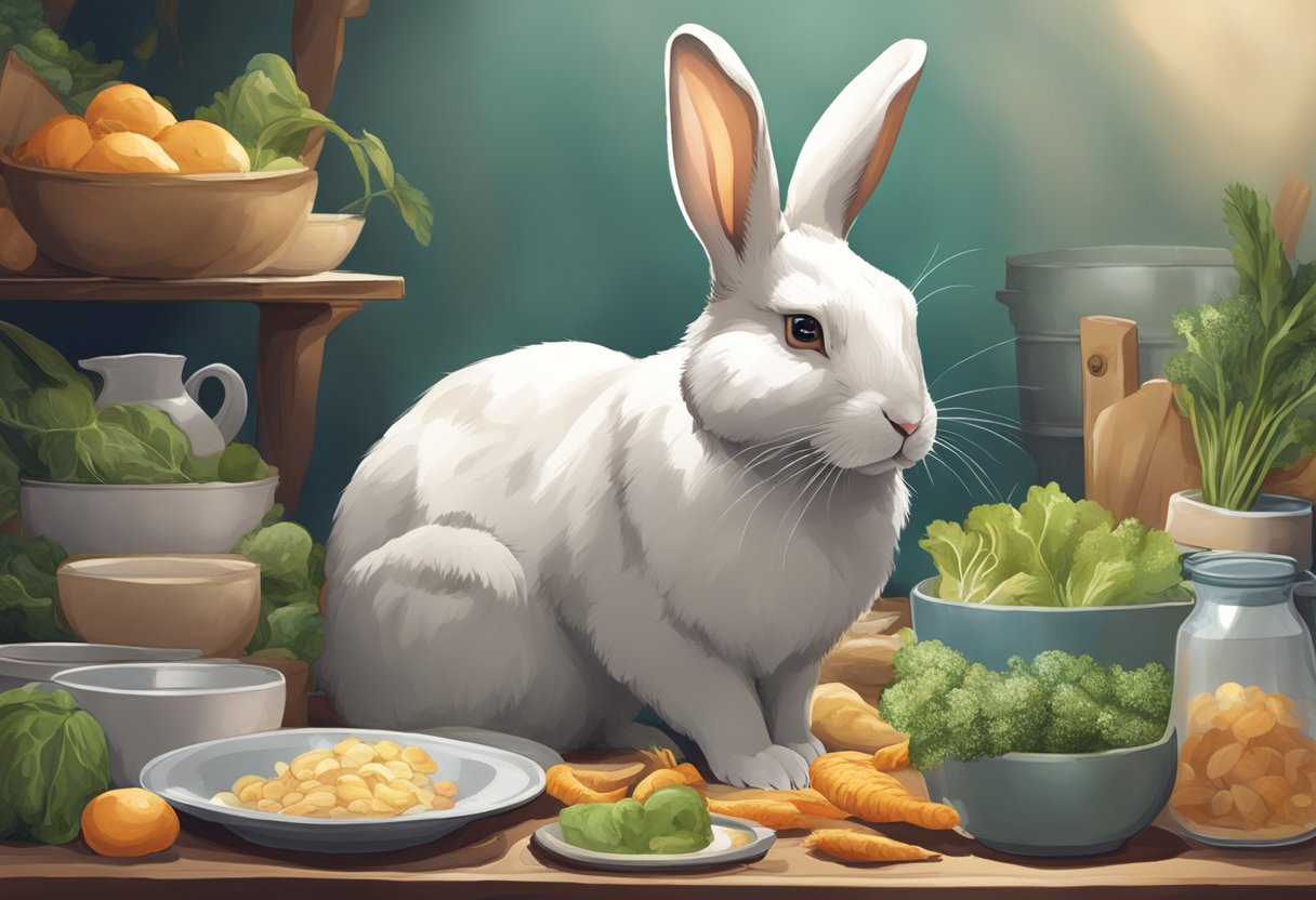 A rabbit sitting hunched over, with droopy ears and a dull coat, surrounded by untouched food and water dishes