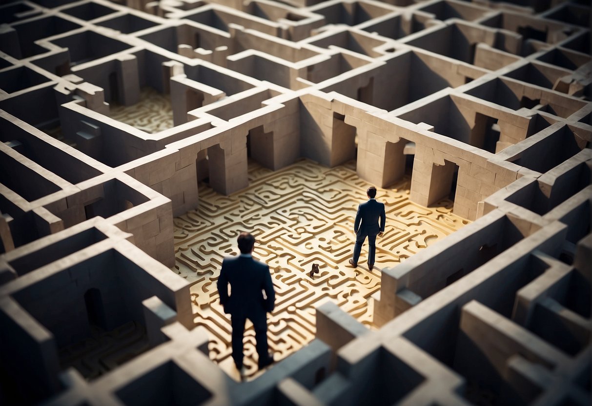 Leadership quotes surround a figure navigating a maze of critiques and challenges, standing tall in the face of adversity