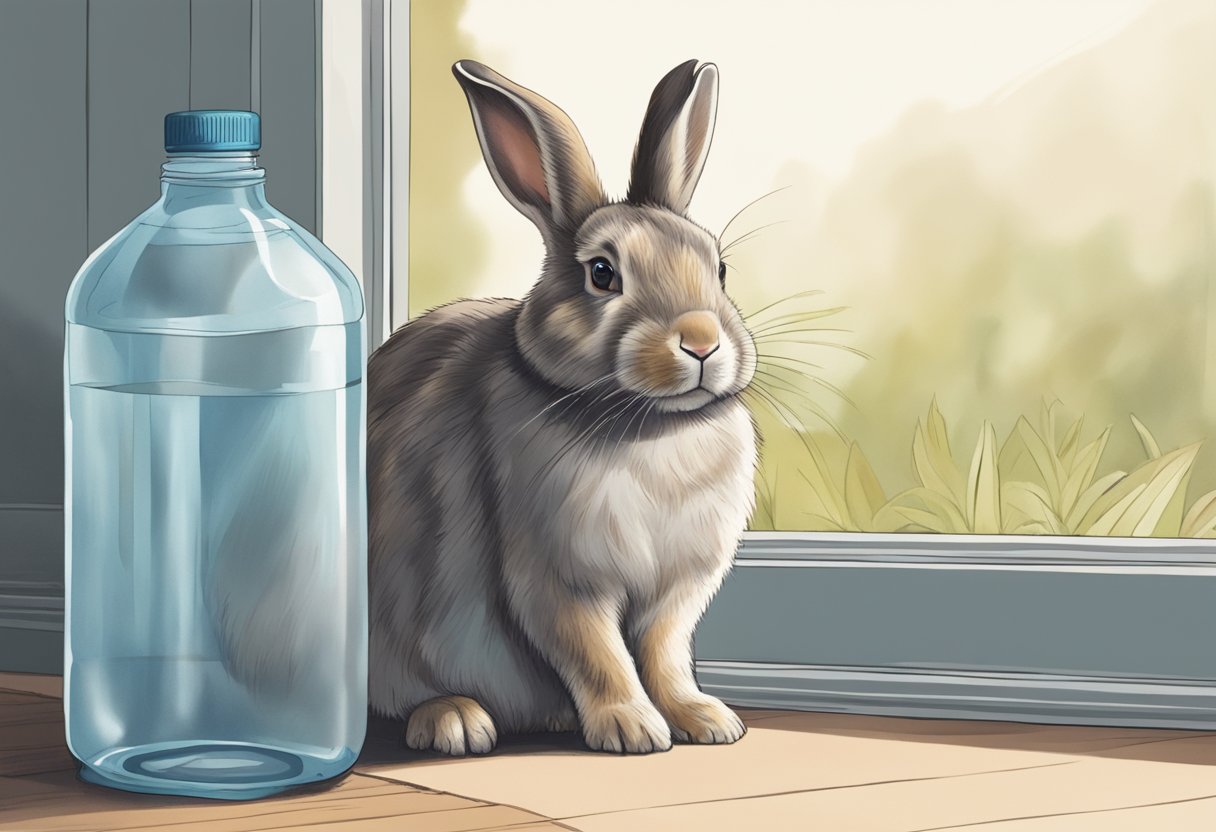 A rabbit sits hunched in a corner, ignoring its food. Empty water bottle nearby. Owner looks concerned