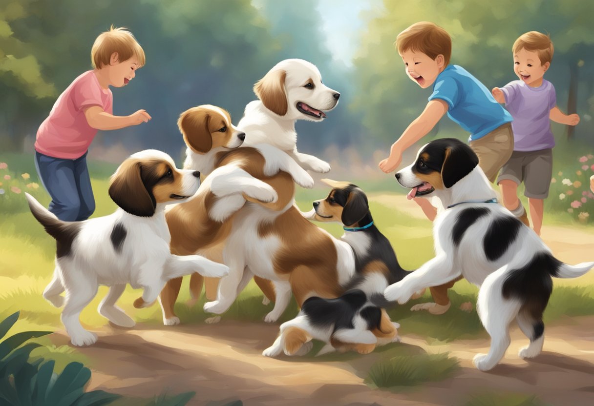 A group of puppies playing and interacting with each other in a safe and supervised environment, engaging in positive socialization experiences