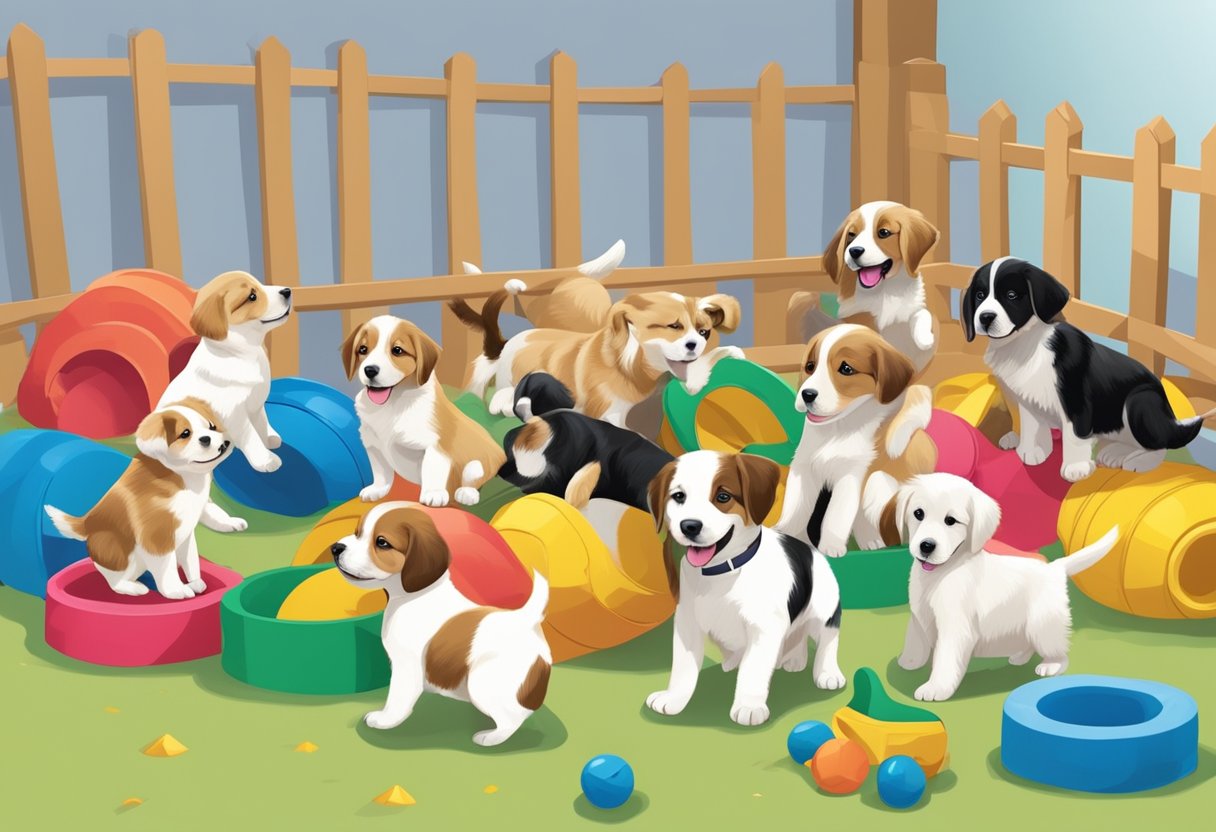 A group of puppies playing and interacting with each other in a safe and controlled environment, with various toys and obstacles for them to explore and navigate