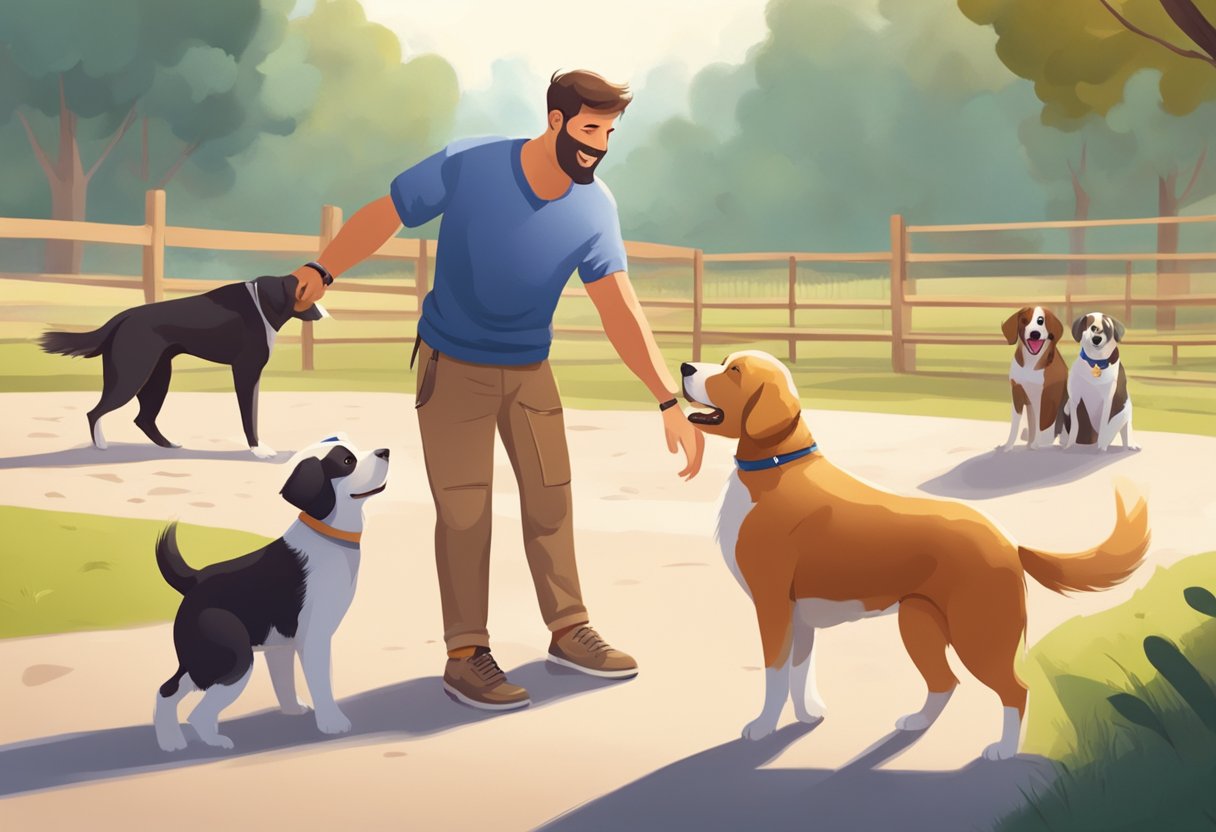 A playful puppy interacts with other dogs at a dog park, supervised by a trainer. They engage in positive socialization techniques, such as friendly greetings and play