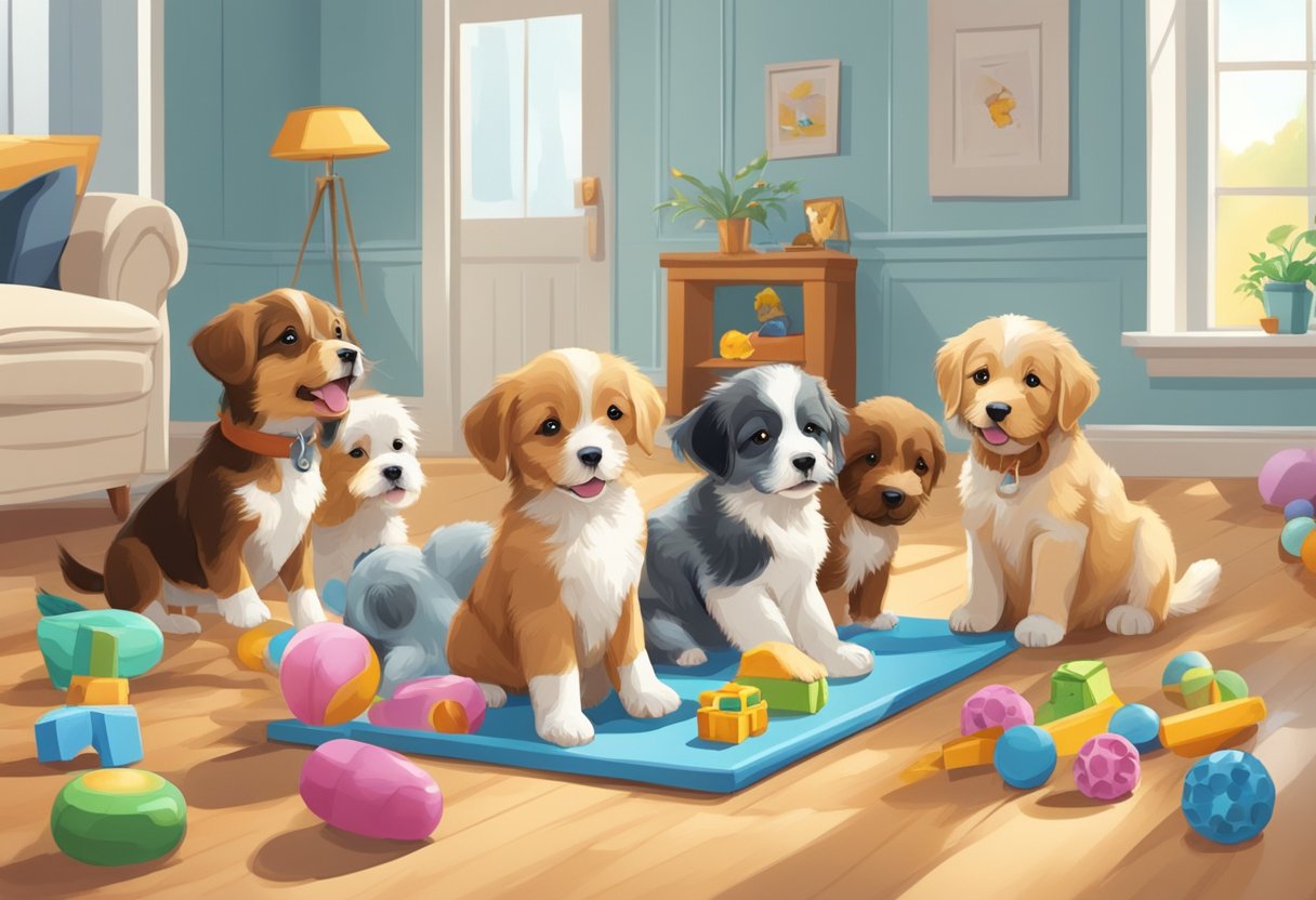 A group of puppies of various breeds and sizes interact happily in a spacious, well-lit room, playing with toys and exploring their surroundings