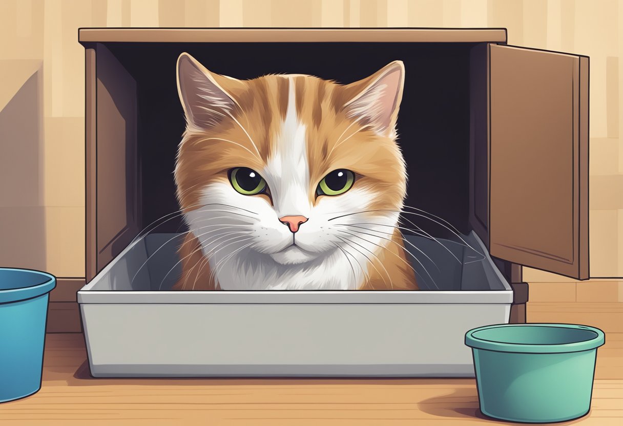 A cat sitting outside of a litter box, with a concerned expression on its face. The litter box is clean and well-maintained, but the cat seems hesitant to enter