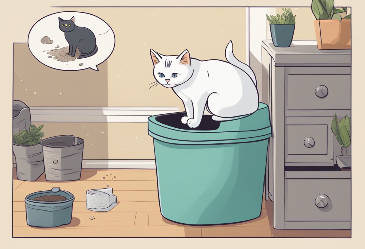 A cat sitting next to a clean litter box, with a puzzled expression and a thought bubble showing various possible causes of litter box avoidance