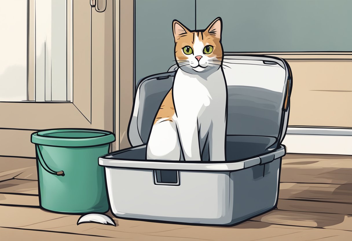 A cat sits outside a litter box, looking distressed. The box is clean, but the cat avoids it. Various potential causes are displayed nearby, such as stress, medical issues, or dislike of the litter