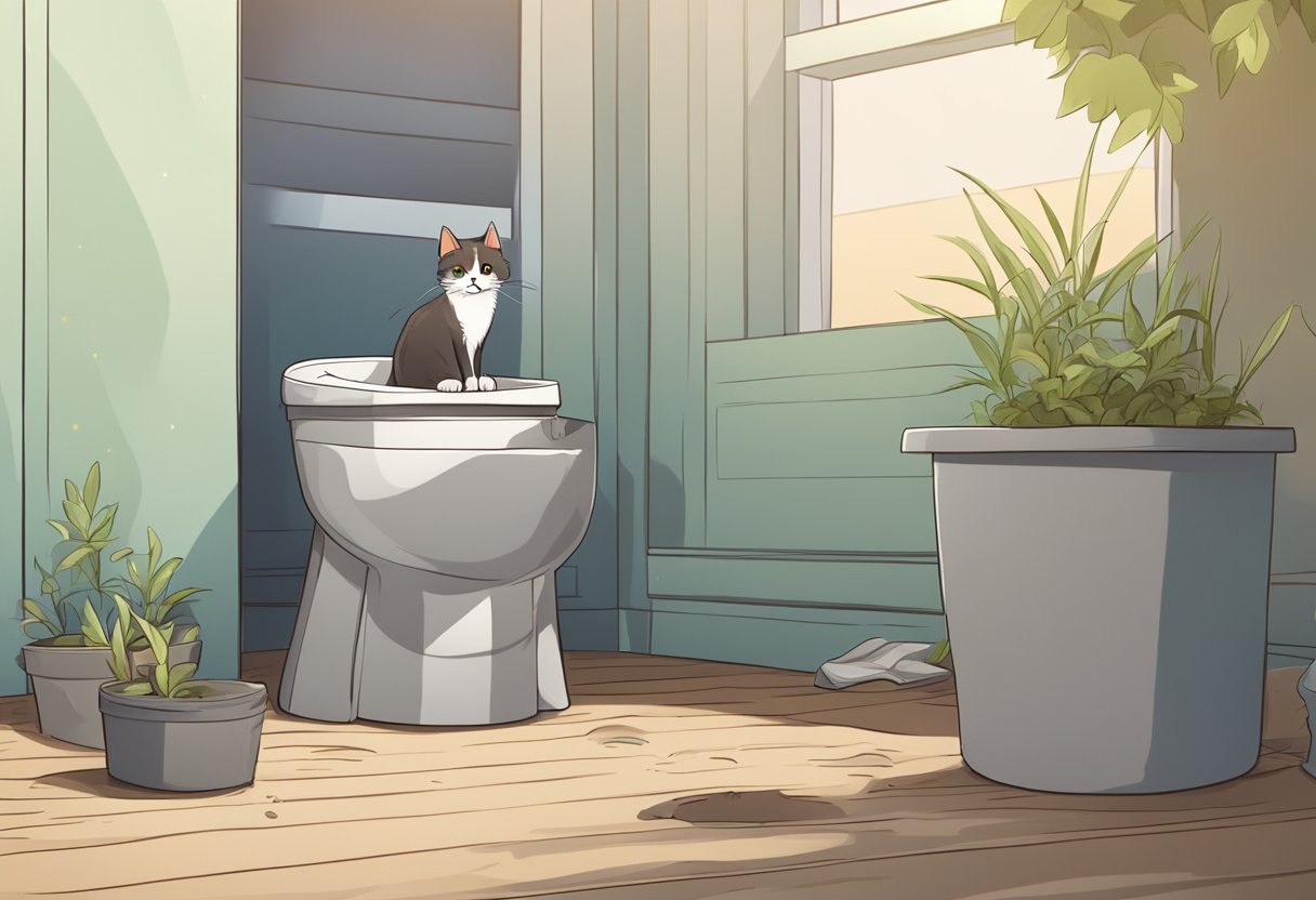 A cat sits outside a soiled litter box, looking distressed. The box is clean and inviting, with fresh litter. The cat's body language suggests discomfort and avoidance