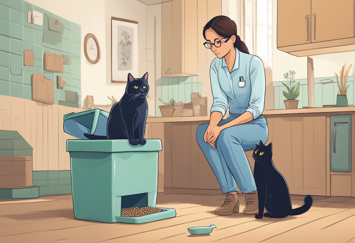 A cat turning away from a litter box, with a puzzled expression. A vet examines the cat, while the owner watches anxiously