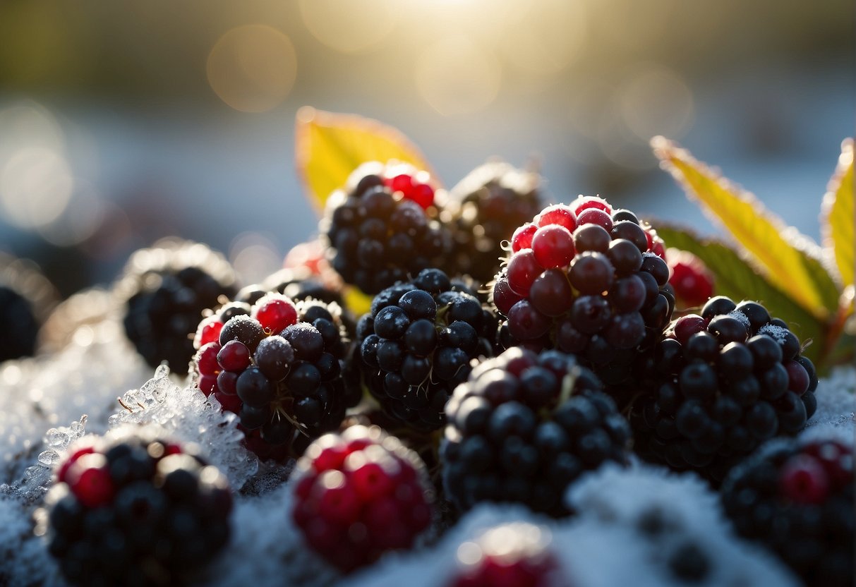 A pile of frozen blackberries glisten in the sunlight, nestled together in a frosty embrace