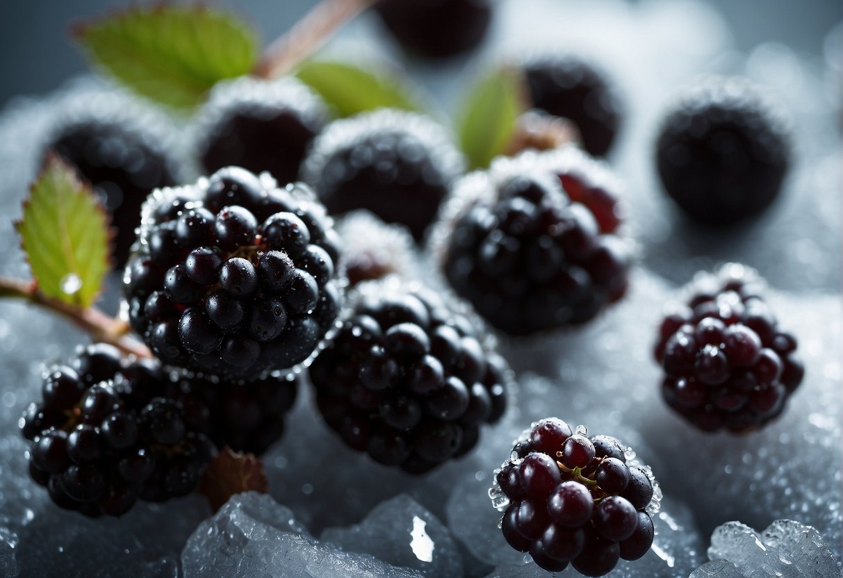 A pile of frozen blackberries sits on a kitchen counter, surrounded by frost and ice crystals. The berries are glistening and appear cold and solid