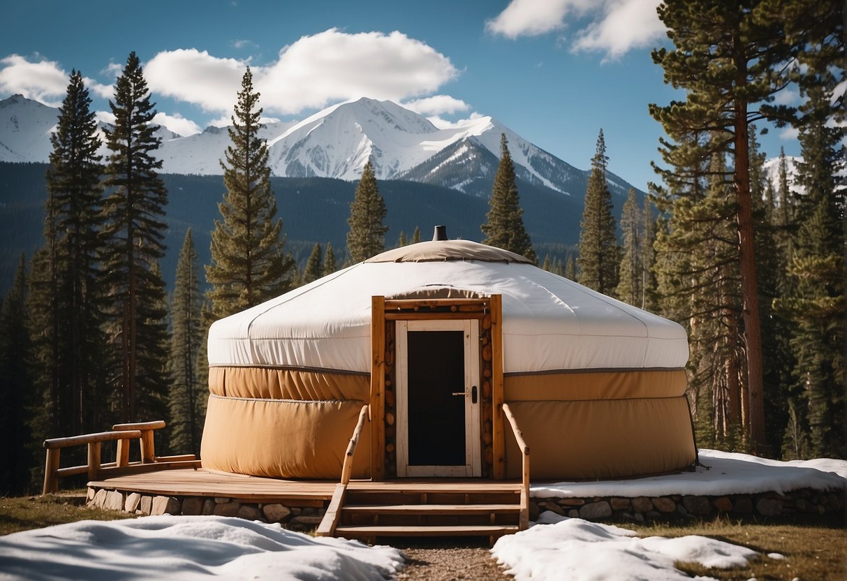 A yurt sits nestled in a serene Colorado landscape, surrounded by towering pine trees and a backdrop of snow-capped mountains