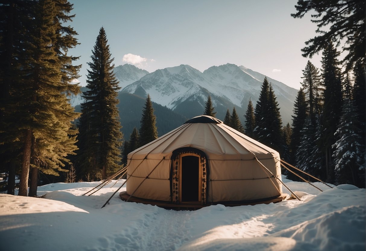 A scenic landscape with snow-capped mountains in the background, a cozy yurt nestled in a clearing surrounded by tall pine trees