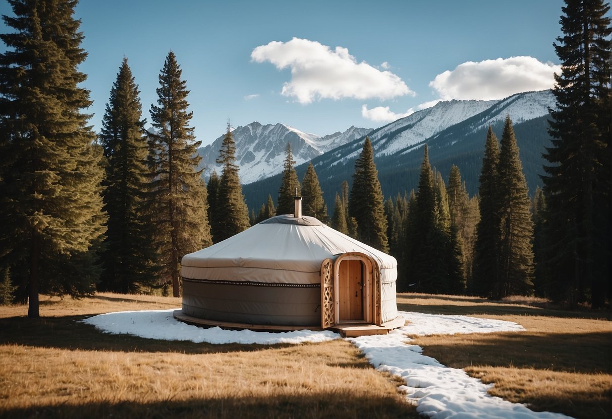 A yurt nestled in a serene meadow, surrounded by towering pine trees and snow-capped mountains in the distance