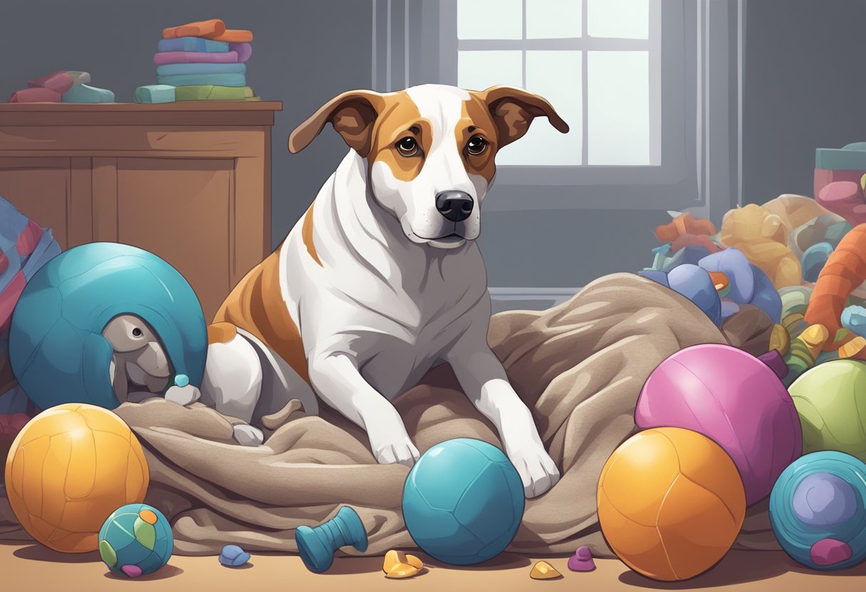 A dog sitting alone, looking anxious with a droopy tail and ears, while surrounded by scattered toys and a chewed-up blanket