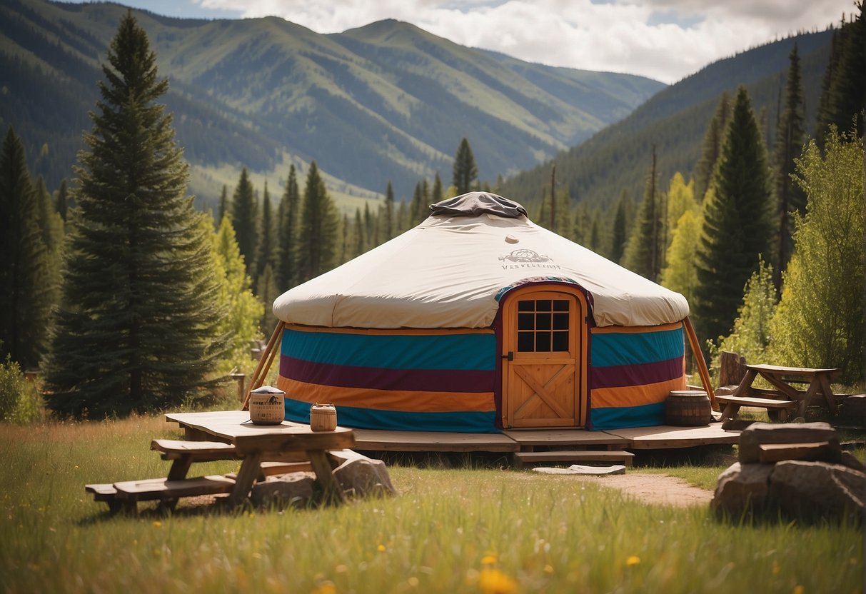 A colorful yurt nestled in the Colorado mountains, with a sign displaying "Yurt Rentals Available" and a scenic backdrop of trees and rolling hills