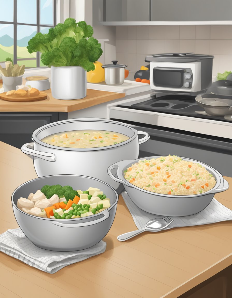 A mixing bowl filled with diced chicken, rice, cream of chicken soup, and mixed vegetables. A casserole dish sits nearby, ready to be filled and baked