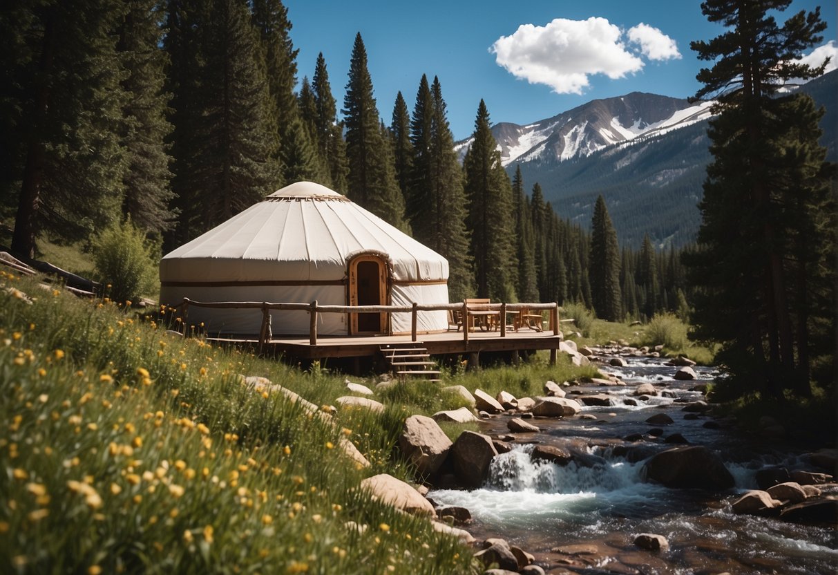 A yurt sits nestled in the Colorado mountains, surrounded by tall pine trees and a flowing stream, with a backdrop of snow-capped peaks