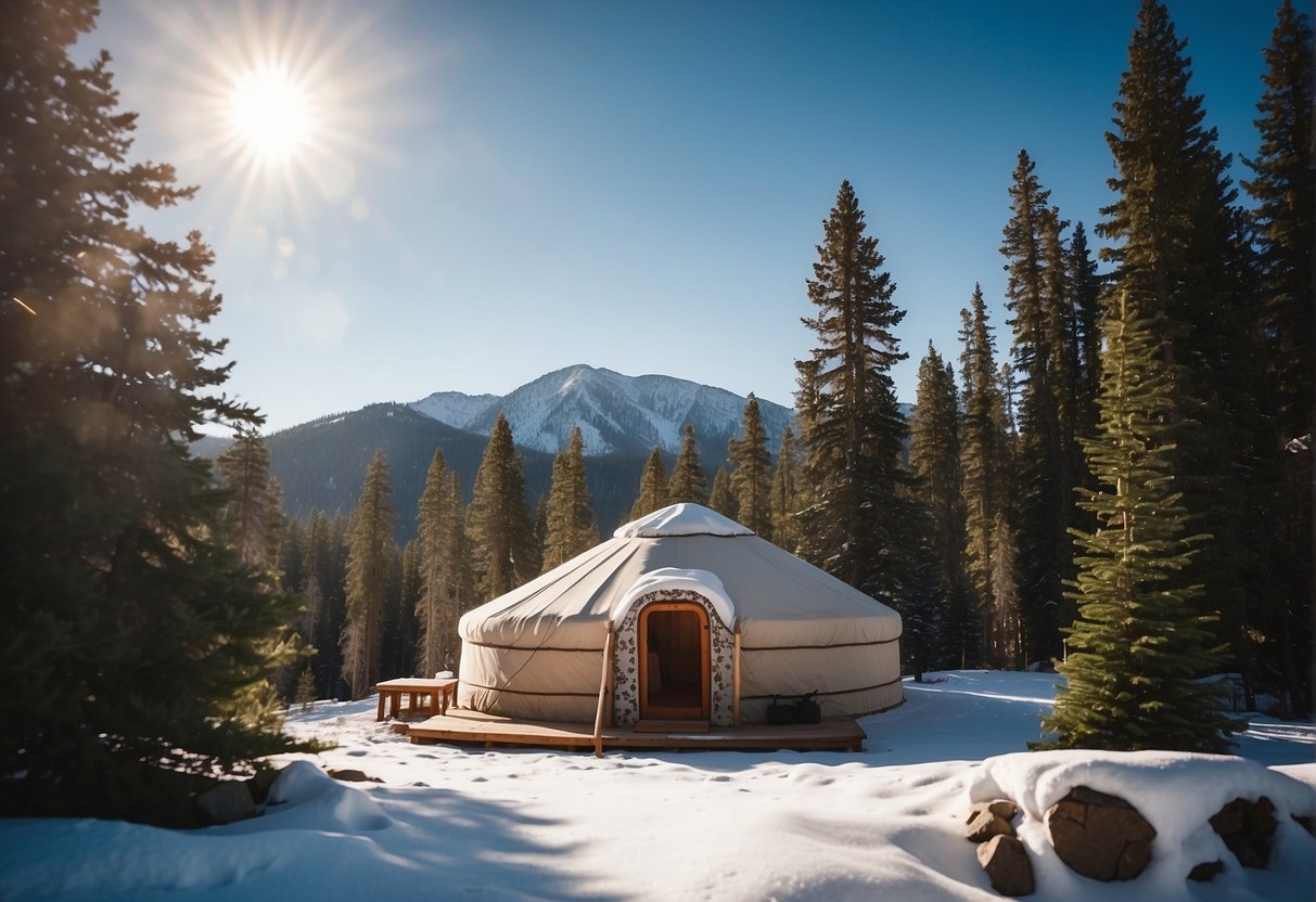 A cozy yurt nestled in the snowy Colorado mountains, surrounded by tall pine trees and a clear blue sky. Smoke rises from the chimney, and a warm glow emanates from the windows