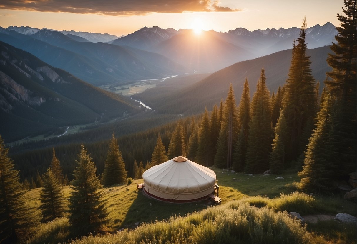 Sunset over the Rocky Mountains, yurt nestled in a lush valley, with a winding river and towering pine trees nearby