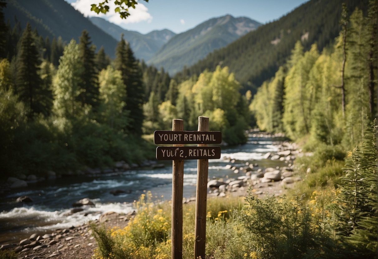 A signpost in a scenic mountain setting with the words "Yurt Rentals" prominently displayed. Surrounding landscape includes trees, a clear sky, and possibly a river or lake