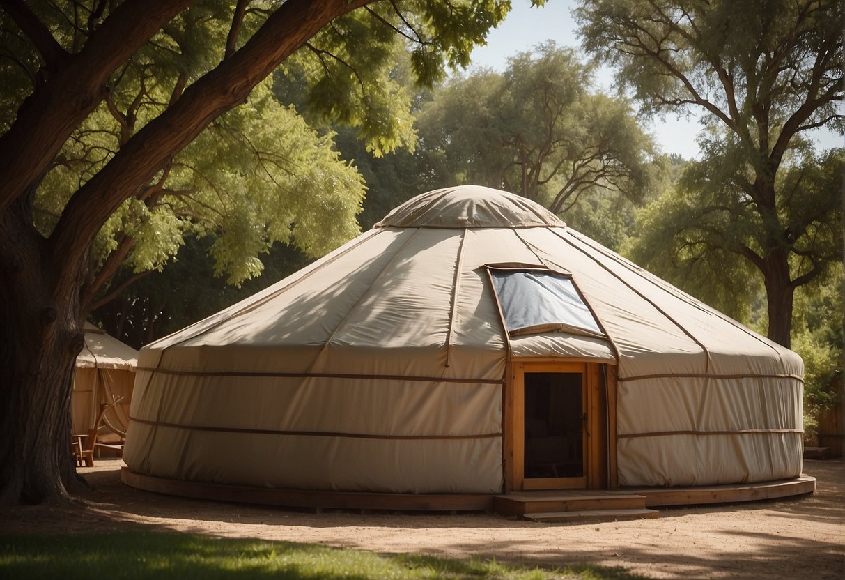 A yurt sits under a shady tree, with open windows and a central skylight. A gentle breeze flows through, aided by a strategically placed fan. The roof is covered with reflective material to deflect the sun's heat