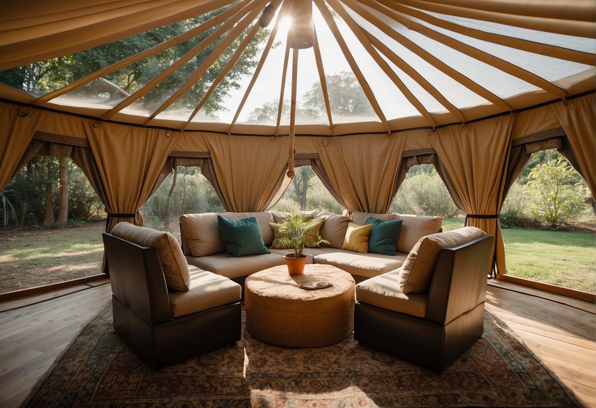 A yurt sits in a shaded area with open windows and doors, allowing for cross ventilation. A portable fan is strategically placed to circulate air, and reflective insulation is installed on the roof to reduce heat absorption