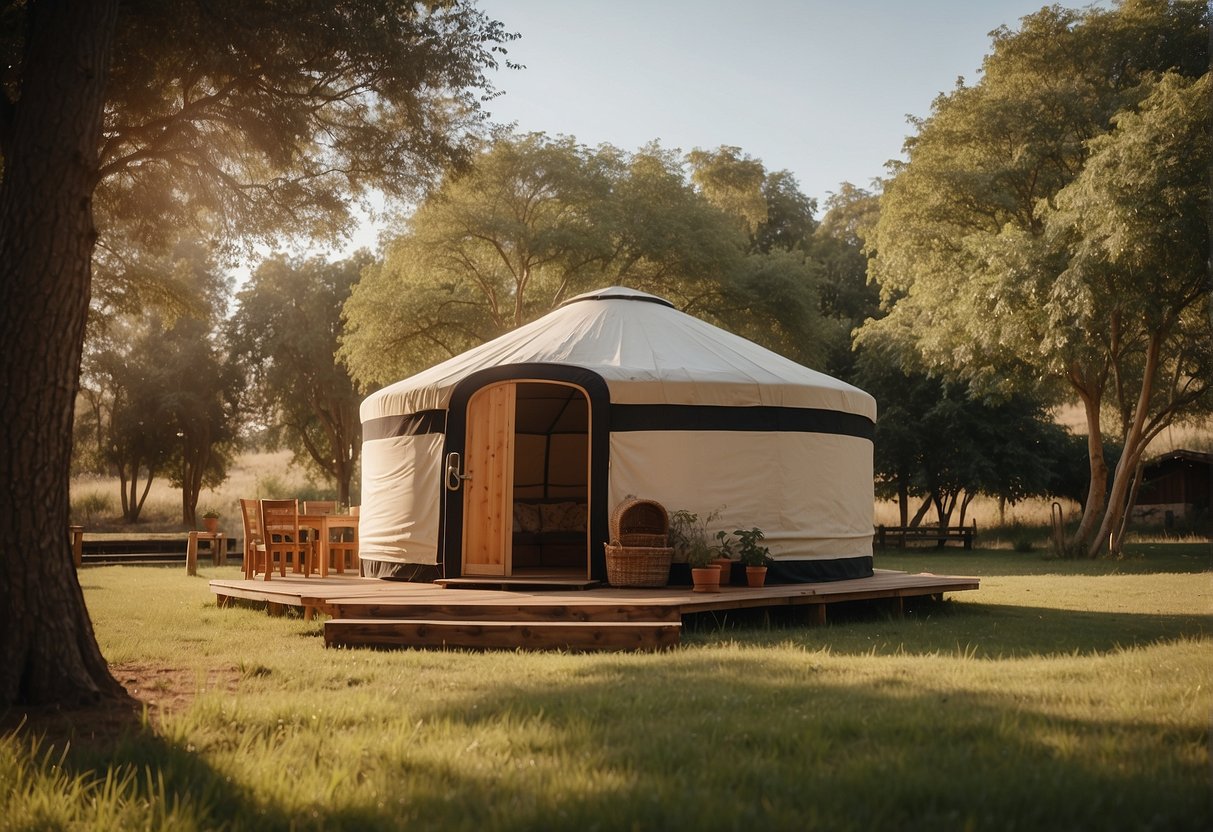 A yurt sits under a shady tree, with open windows and a door to let in a breeze. A portable fan stands in the corner, and a sunshade covers the roof to keep the interior cool